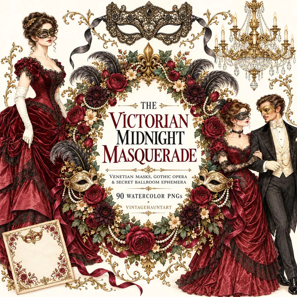 Masquerade Ball Clipart, 90 Victorian Watercolor PNGs, Venetian Masks & Gothic Opera