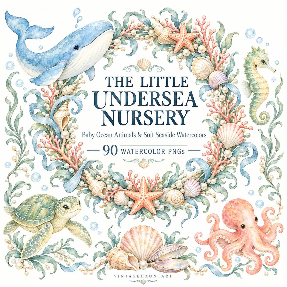 Under the Sea Clipart, 90 Watercolor PNGs, Baby Ocean Animals, Nursery & Baby Shower