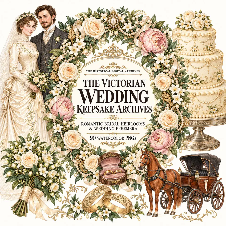 Victorian Wedding Clipart, 90 Watercolor PNGs, Bridal Heirlooms & Romantic Ephemera