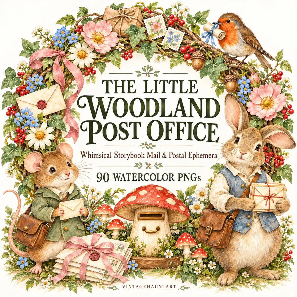 Woodland Mouse Clipart, 90 Watercolor PNGs, Storybook Post Office & Snail Mail